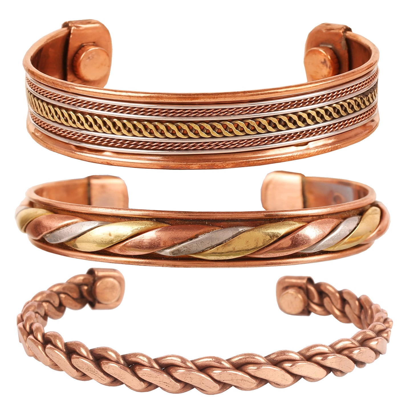 Touchstone copper bracelets | gift for men women |adjustable 100% pure solid real magnetic jewelry | handmade bracelet set combo | rope braided tibetan bangles. Set of 3 different designs