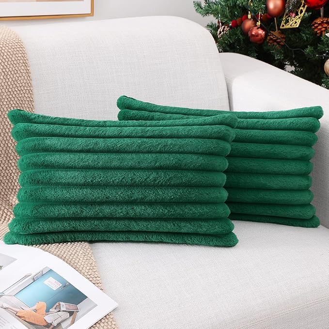 Pallene Faux Fur Plush Lumbar Christmas Throw Pillow Covers 12x20 Set of 2, Luxury Soft Fluffy Striped Decorative Pillow Covers for Sofa, Couch, Living Room, Christmas Green