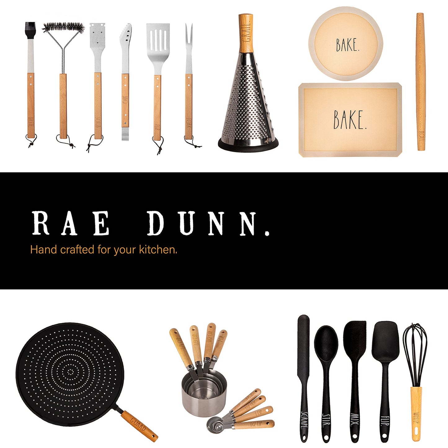 Rae Dunn Everyday Collection 7 Piece Wooden and Stainless Steel Kitchen Gadget Set- Kitchen Tools with Wooden Handles