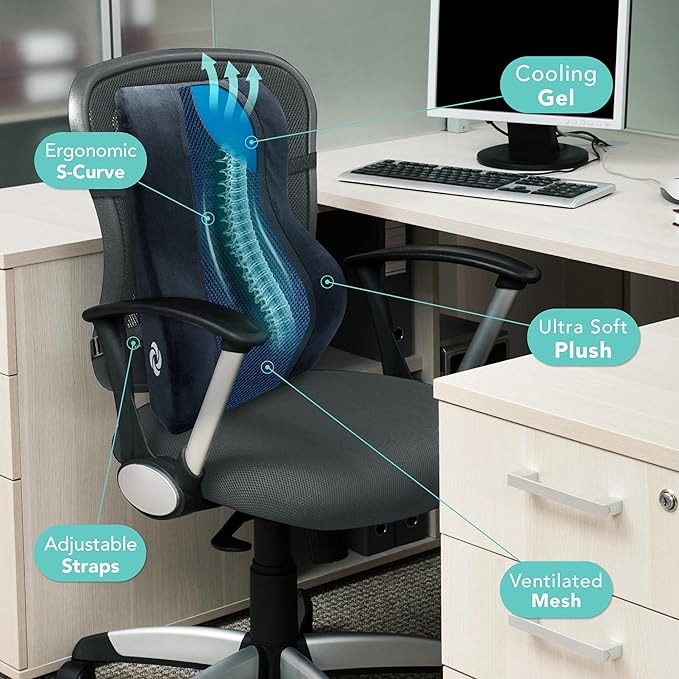 Samsonite Lumbar Support Pillow – Ergonomic Back Rest for Office Chair & Car Seat, Memory Foam Cushion for Lower Back Pain Relief, Breathable Mesh, Adjustable Strap, Black/Blue Mesh