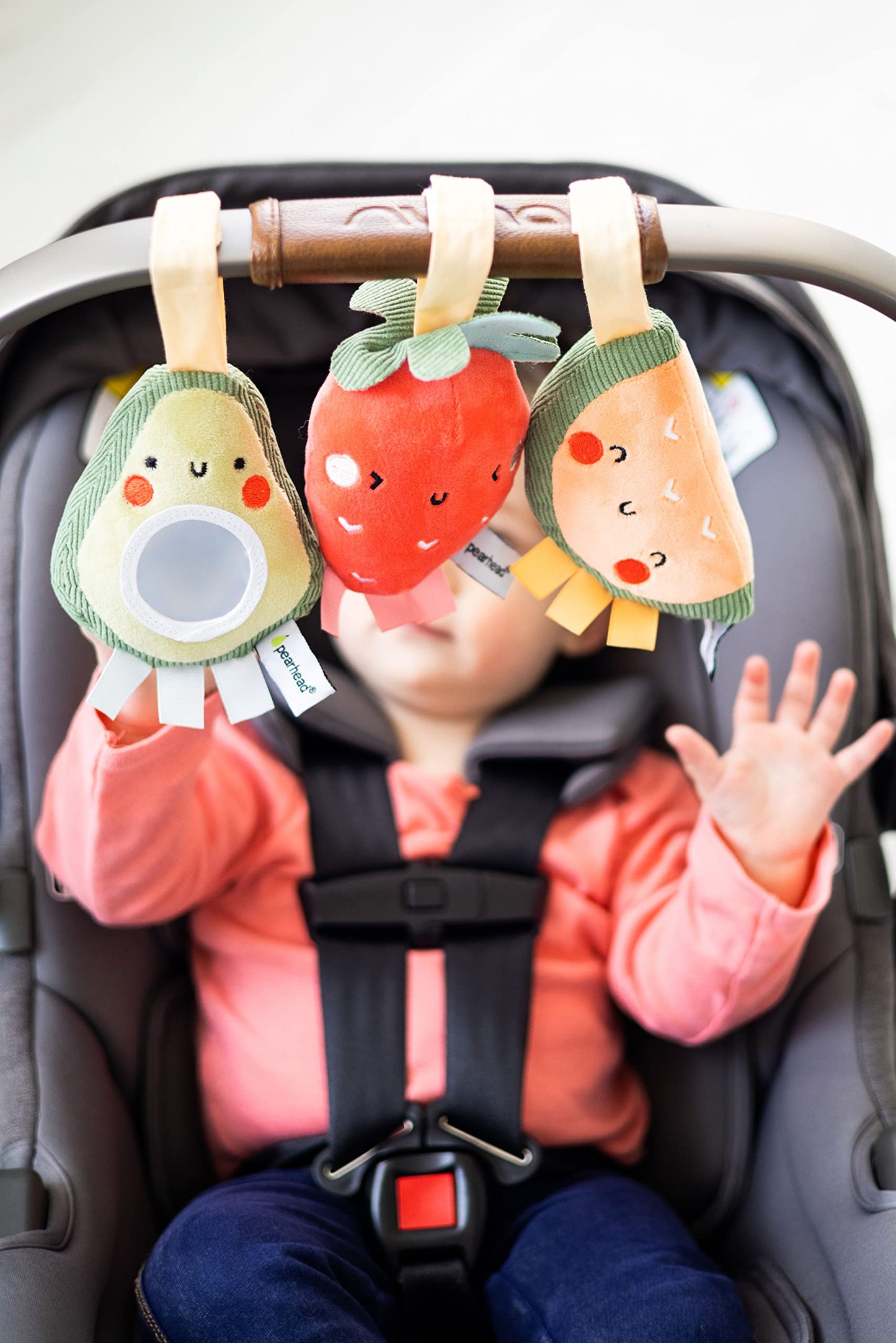 Pearhead Fruit Stroller Toys, Stocking Stuffers for Babies, Newborn Ideas, Plush Interactive Toy Set for Baby Car Seat with Hanging Mirror, Strawberry Avocado Watermelon, Set of 3
