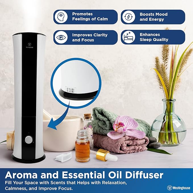Westinghouse 28-inch Cool Mist Ultrasonic Tower Humidifier, 6L Top Fill Air Humidifier with Essential Oil Diffuser, Adjustable Mist Volume for Large Bedrooms