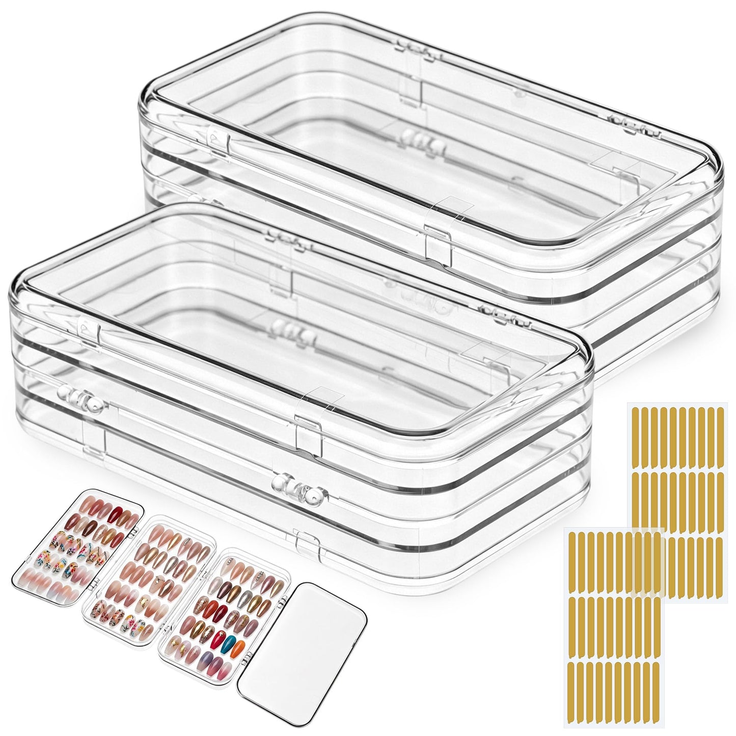 Ferrochef 2 Pcs Tri-Fold Press on Nail Storage with 60 Pcs Adhesive Double Sided Tape 4-Page Portable Box Clear Acrylic Press on Nail Stand Book Holder Packaging Cases for Display Salon Supplies