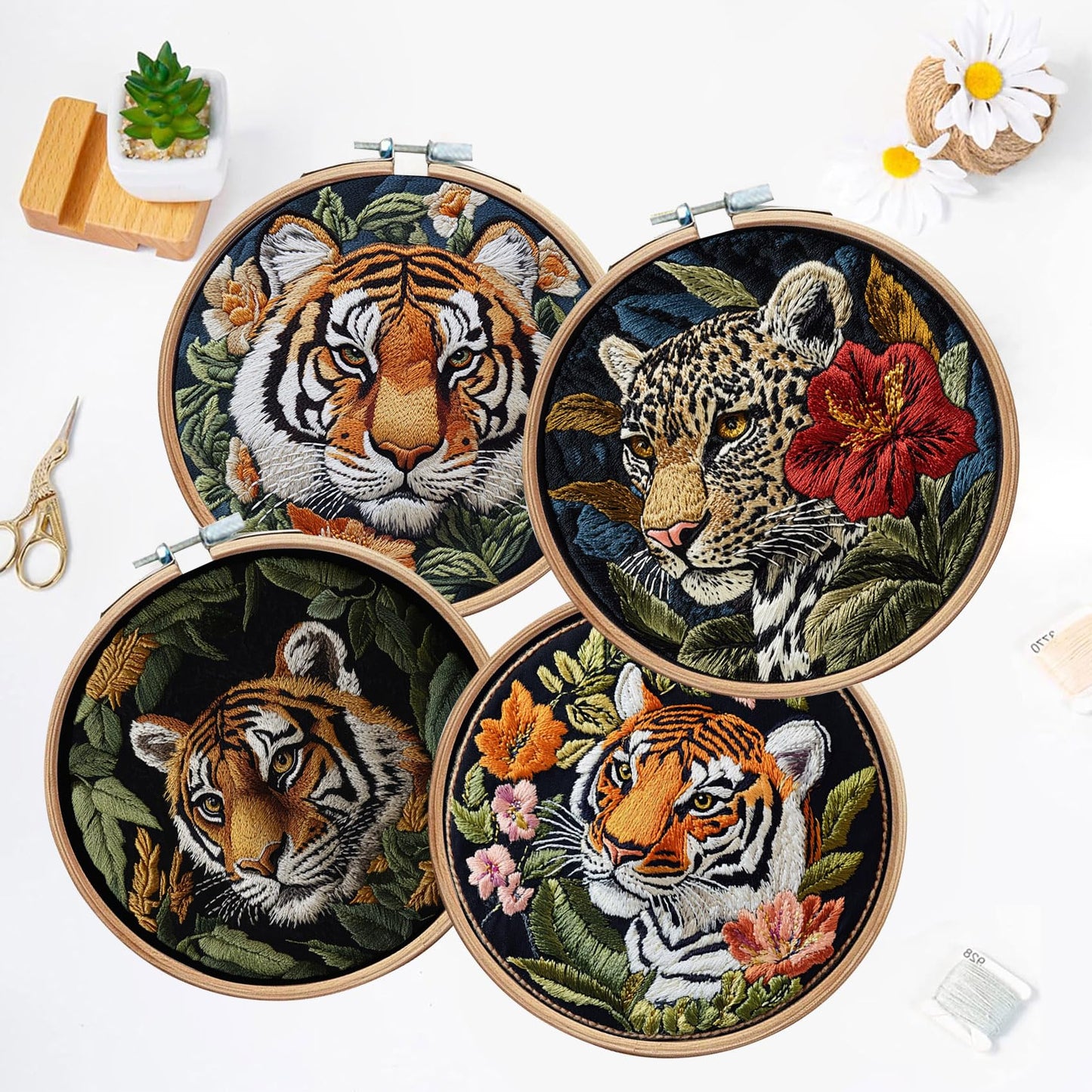 LB 4 Pack Wildlife Animal Leopard Embroidery Kit for Beginners Green Leaf Beginner Embroidery Kit for Adults DIY Starter Kit with Embroidery Hoop Colorful Threads Tools Step by Step Instructions