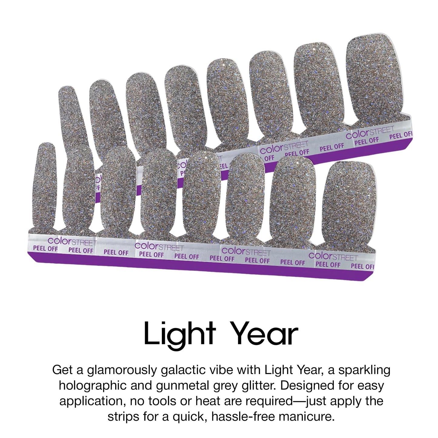Color Street Light Year Holographic Nail Strips - Sparkling Gunmetal Grey Glitter, Glitter Finish, 16 Double-Ended Strips, Easy Peel & Apply, Salon-Quality Nails, Quick & Effortless Application.
