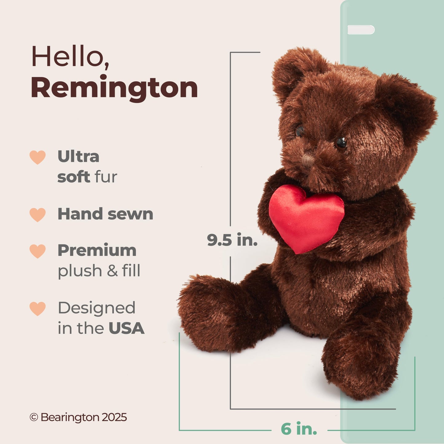Bearington Remington Teddy Bear for Valentines Day - 9.5" Soft and Cuddly Valentines Day Stuffed Animals - Adorable Bear Stuffed Animal Plush Gift for Kids, Girlfriend, and Romantic Celebrations