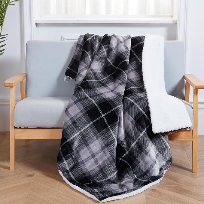 SOCHOW Sherpa Plaid Fleece Throw Blanket, Double-Sided Super Soft Luxurious Bedding Blanket 60 x 80 inches, Grey