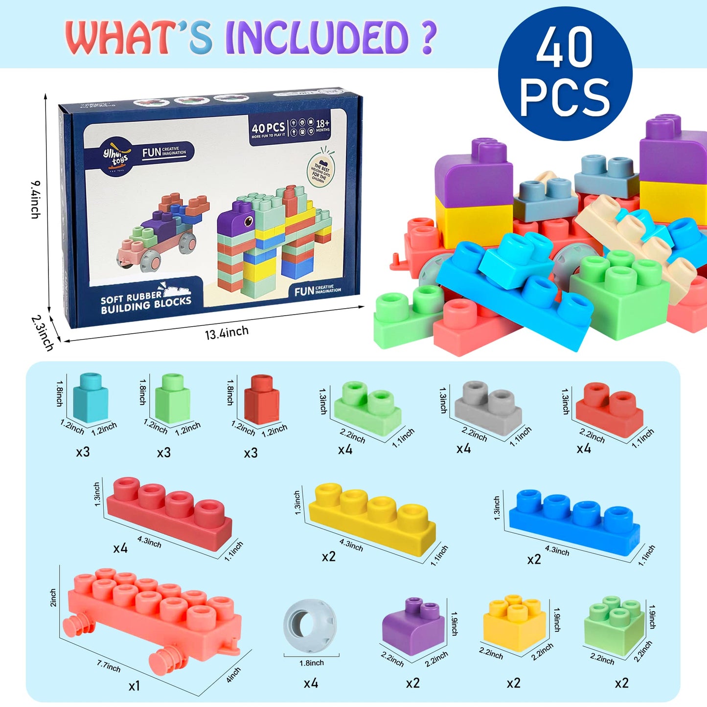 ROHSCE Soft Building Blocks for Toddlers, Large Building Blocks Stacking Blocks for Babies 6 Months and Up Stem Toddler Gifts, Teething Toys, 40 PCS