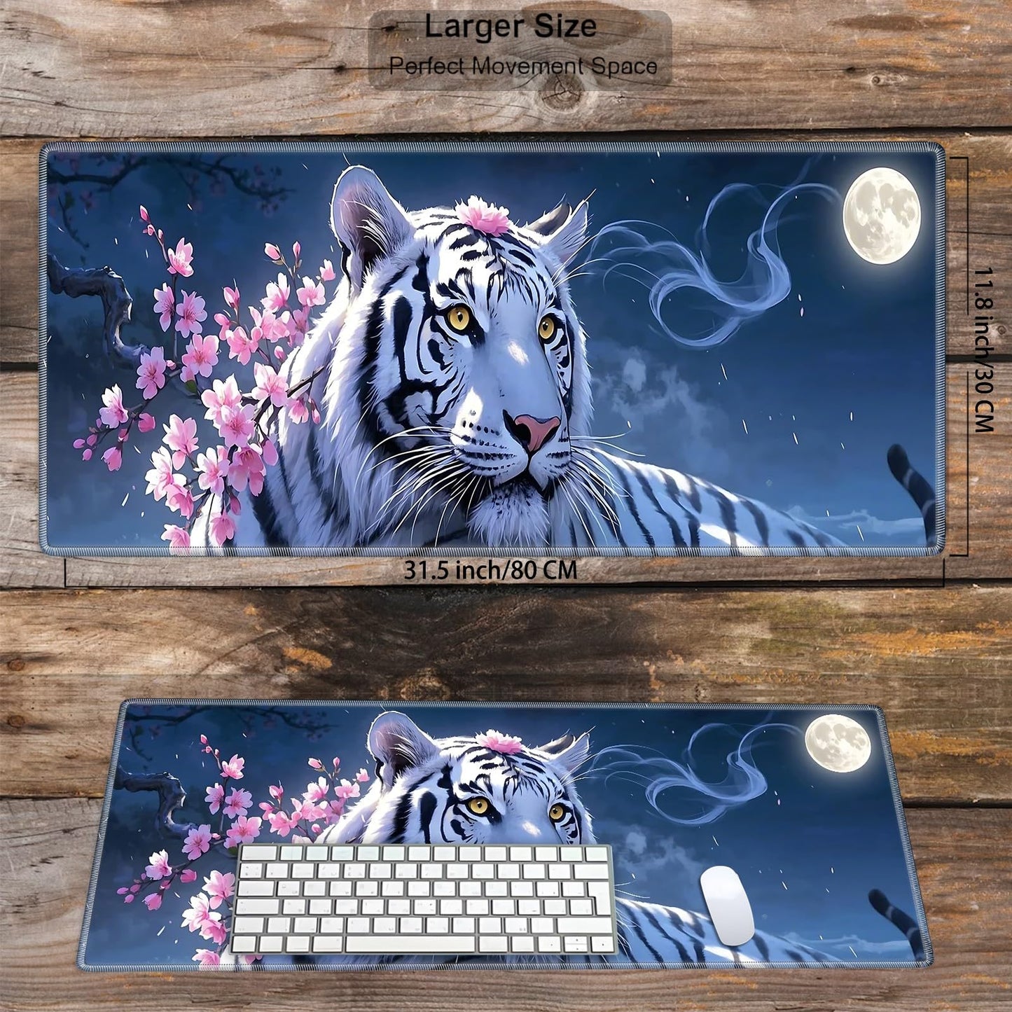 XL Large Gaming Mouse Pad 31.5x11.8 inch + Coasters -Extended Desk Pad Mat with Stitched Edges, Non-Slip Rubber Base, Black Computer Mousepad for Laptop, PC, Office & Home,White Tiger Flower