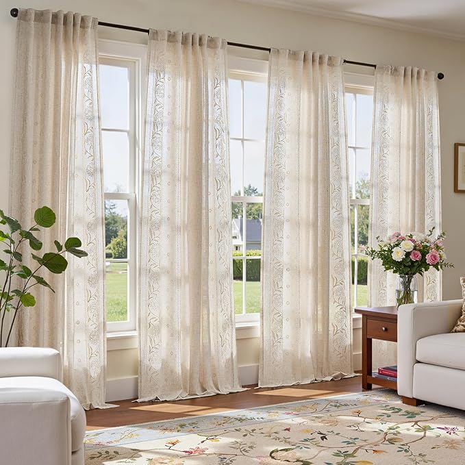 jinchan Winslow Linen Curtains for Living Room Floral Curtains 84 Inch Length Ivory Embroidered Bordered for Sitting Room Farmhouse Decor Light Filtering Window Treatments Set of 4