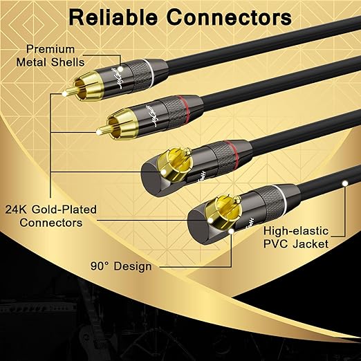RCA Cable 10 FT, 90 Degree Right Angle 2RCA to 2RCA Stereo Audio Cable, Zinc Alloy Shell, Gold-Plated Plug, 2 RCA Audio Cord, for Home Theater, Subwoofer, HDTV, Amplifier, Hi-Fi System, Car, Speaker