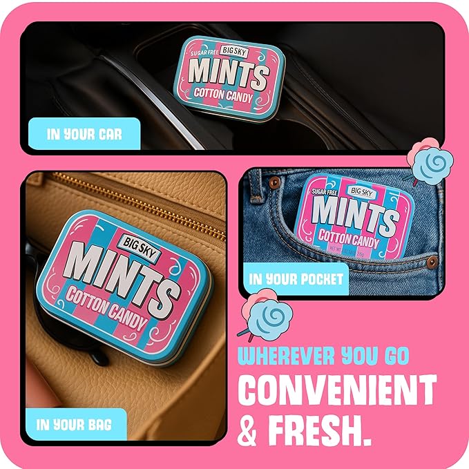 Big Sky Sugar Free Mints Cotton Candy | Sugarfree, No Artificial Colors or Flavors | Kosher Certified, Vegan, Gluten Free | Aspartame & Xylitol Free | 50 Count Tin (Pack of 6)