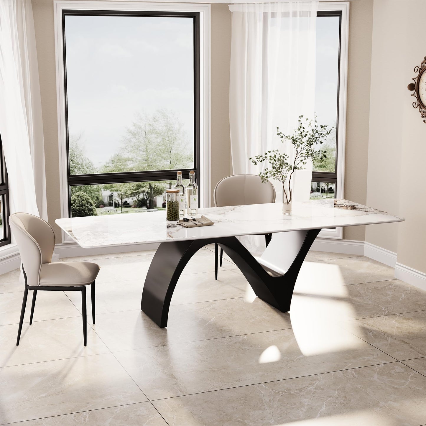 Modern Dining Table for 8-10, Sintered Stone Dining Tabletop with Unique N-Shaped Metal Base, 87" Rectangle Dining Table Large Dining Room Table Kitchen (Table Only)