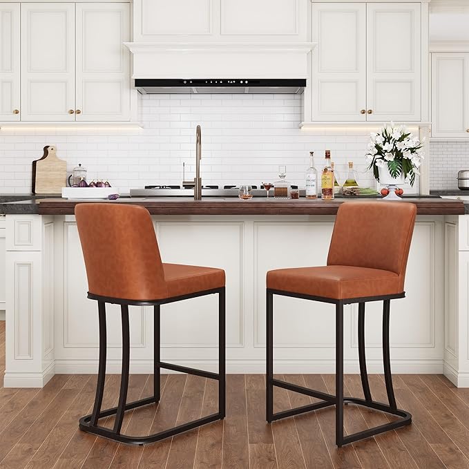 PHI VILLA Brown Bar Stools Set of 2, Faux Leather Counter Height Chairs, Kitchen Stools for Island, 24 Inch Barstools with Back