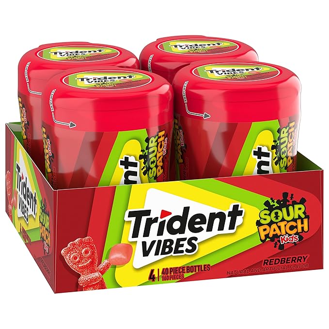 Trident Vibes SOUR PATCH KIDS Redberry Sugar-Free Chewing Gum, 4-40 Piece Bottles (160 Total Pieces)