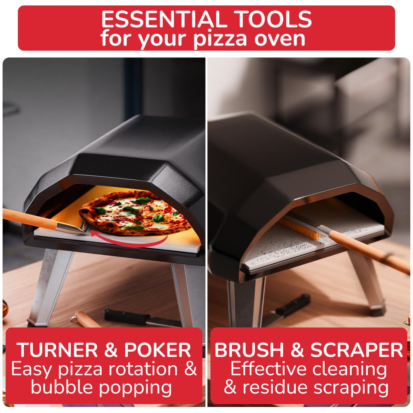 Senwosa Pizza Oven & Stone Brush with Scraper, Turning Fork & Bubble Popper Bundle - Essential Accessories & Tools for Any Pizza Oven