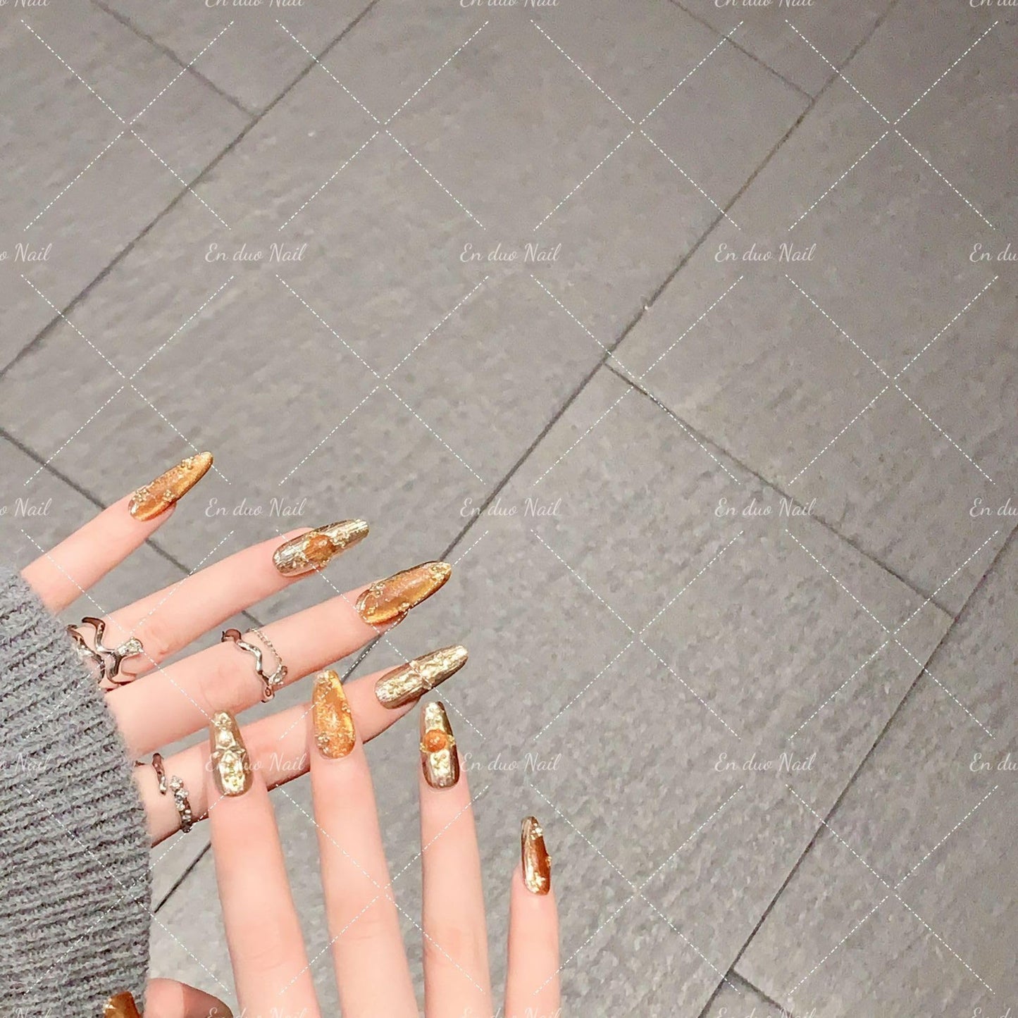JIEADJIE Press On Nails (100% Handmade),Extra Long,Handmade Painted Nail Art by Nail Technician,Luxury Version (Long oval amber, Small)