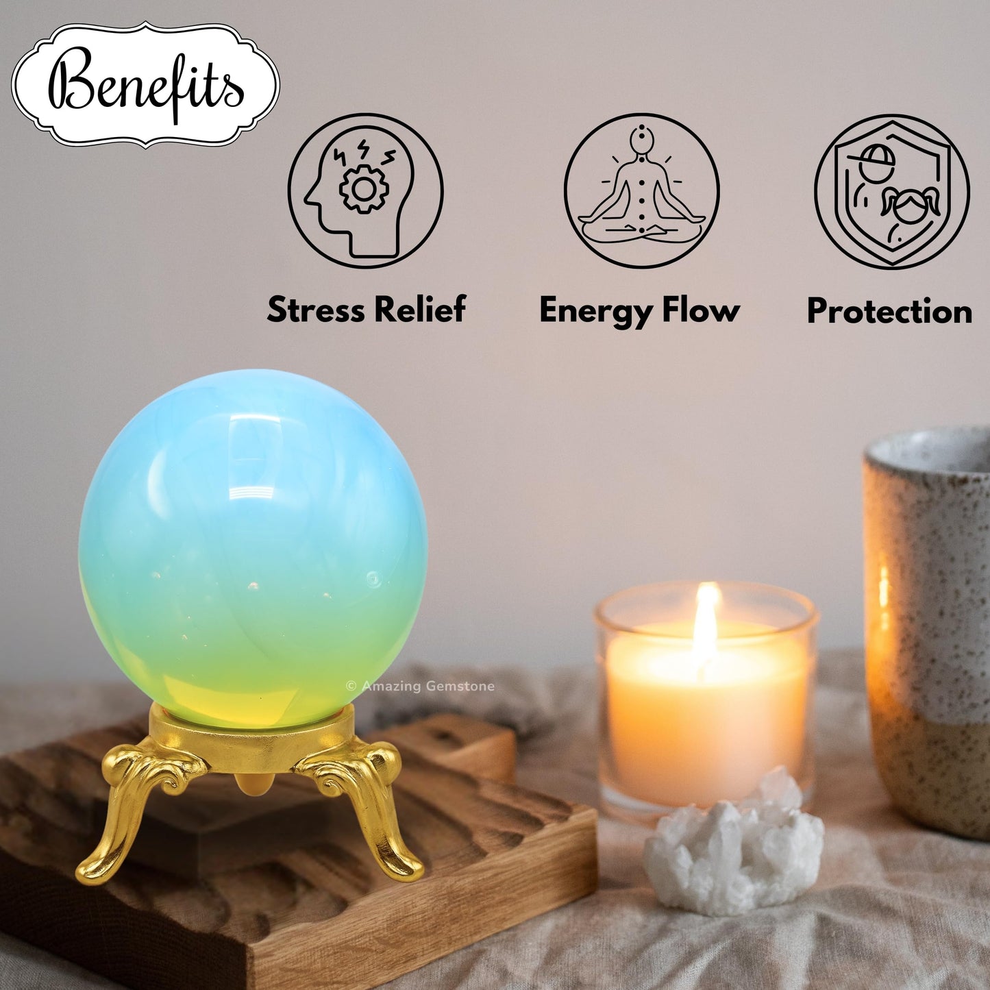 Amazing Gemstone Opalite Crystal Ball with Stand - 2" Inches Crystal Sphere Meditation Balls for Witchcraft and Decorative Balls