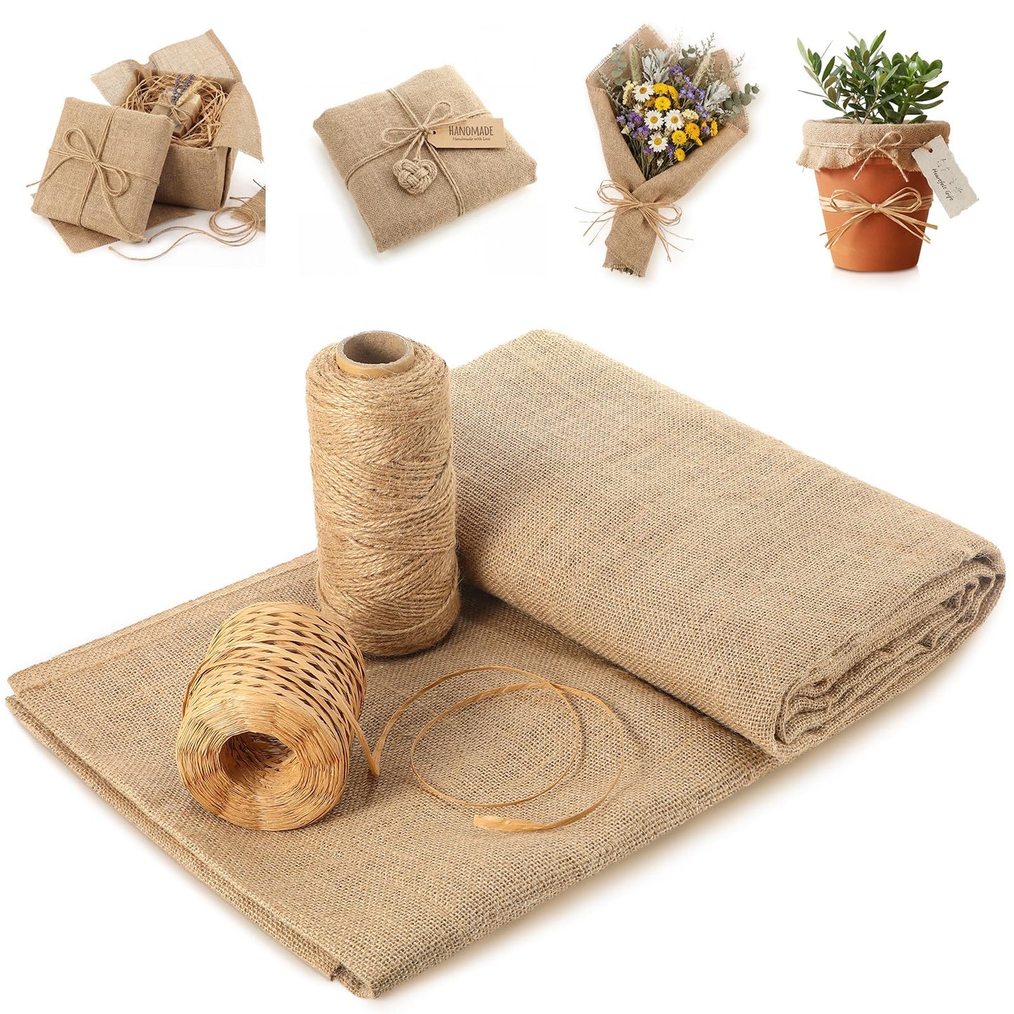Yoojahow 40" x 15 Feet Gardening Burlap Roll 218 yd Raffia Ribbon 656 ft Natural Jute Twine for Boho Wedding Table Decor Wrapping Packing DIY Gardening Home Table Runner Rural Style Party