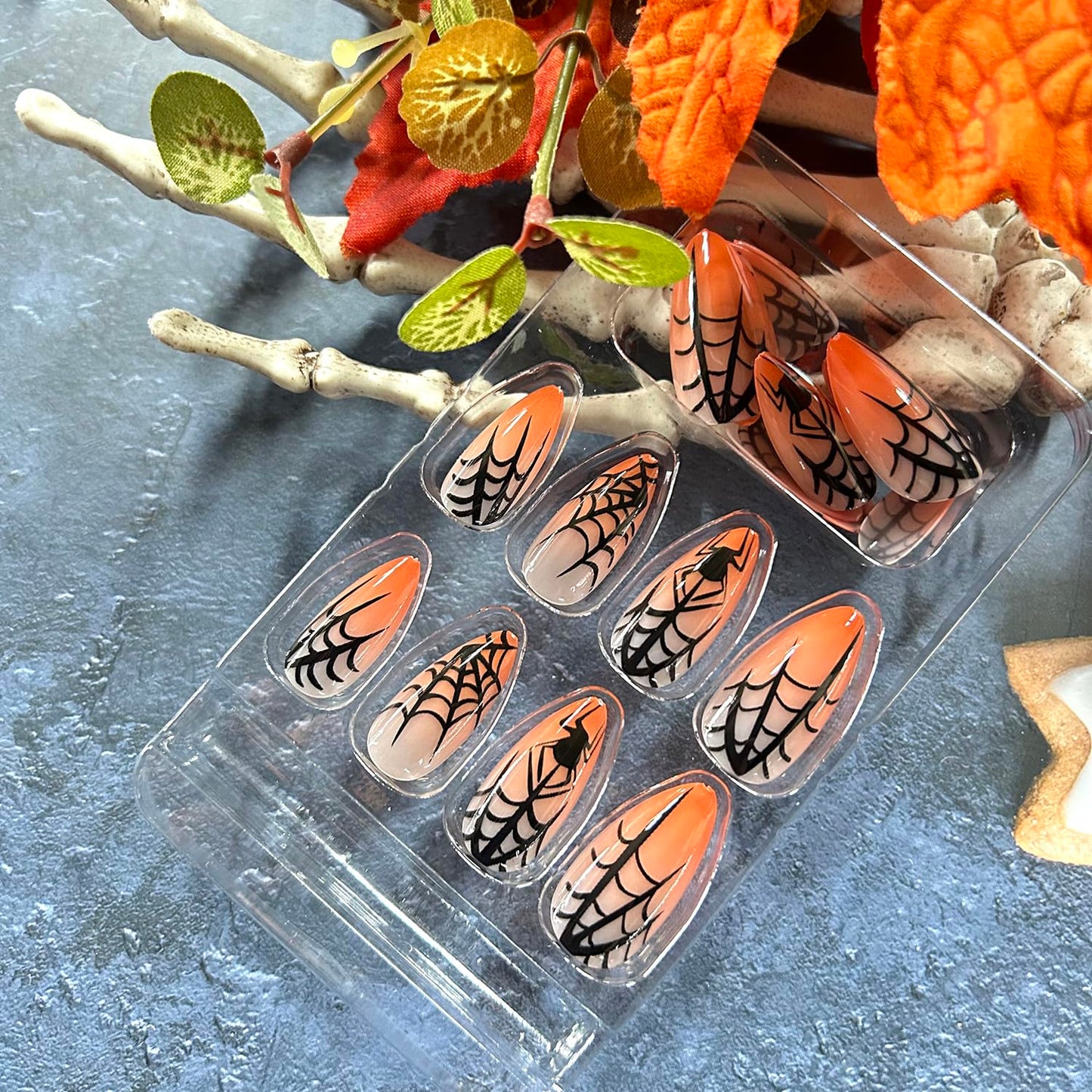 CJDLTS Halloween Spider Press on Nails Medium Almond Black Spider Web Spider Design Orange Gradient Halloween Nail Artificial Acrylic False Nails Full Cover Glossy Glue on Nails for Women 24Pcs