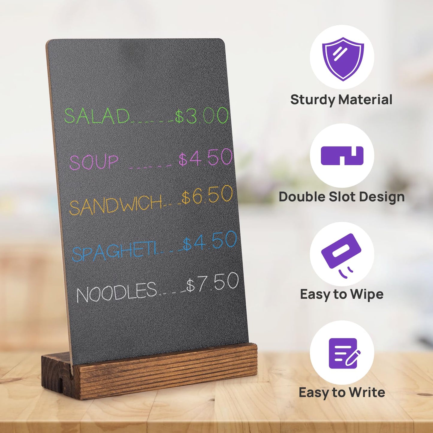 JEFURE 6Pcs Tabletop Chalkboard Sign, 7.8x5 Inch Double-Sided Message Boards, Blackboard with Base Stands for Coffee Shop, Restaurant, Home, Bar