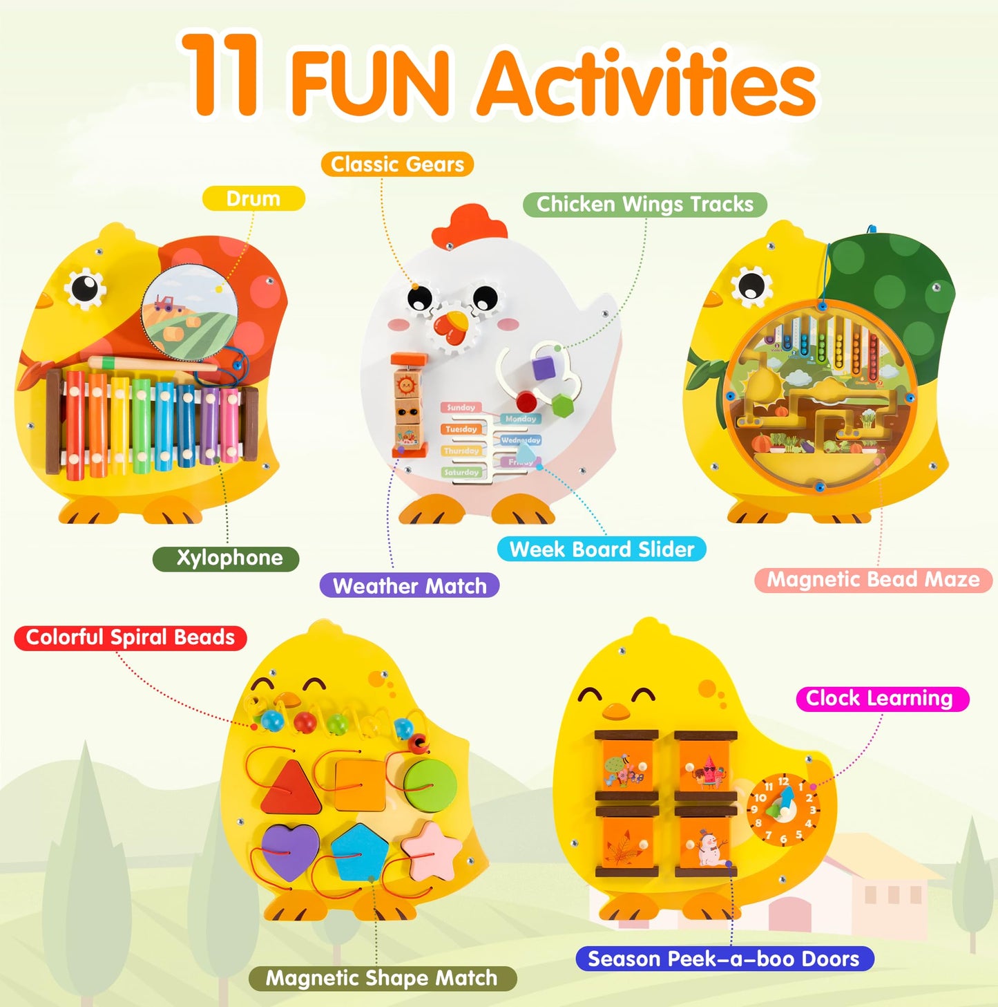 Chick Squad Activity Wall Busy Board Panels | 11-in-1 Wooden Sensory Wall Panel for Kids, Montessori Learning Activity Center | Perfect for Toddler Playroom Daycare Nursery Classroom Dentist Office