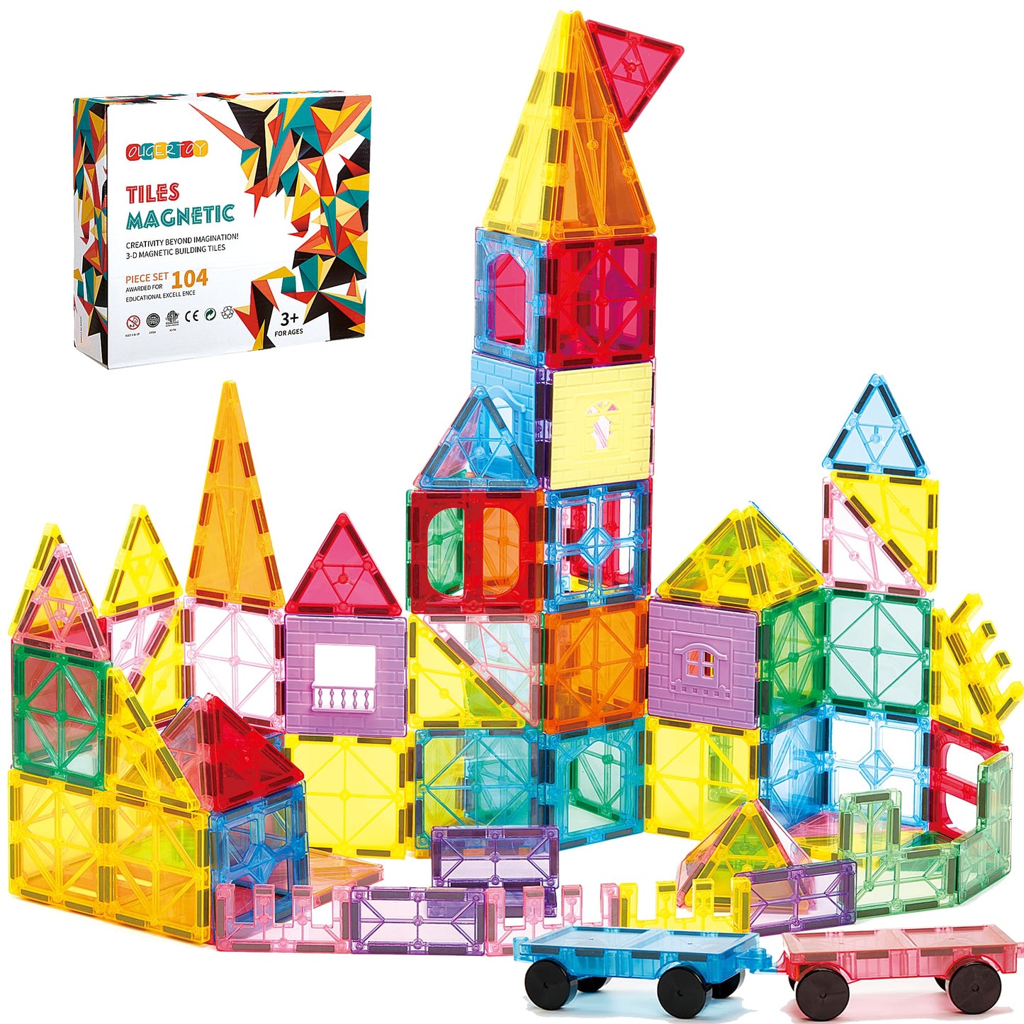 OugerToy 104PCS Magnetic Tiles STEM Building Blocks for Kids Ages 3-9, Educational Stacking Toys with Car Bases, Creative Construction Gift for Boys Girls