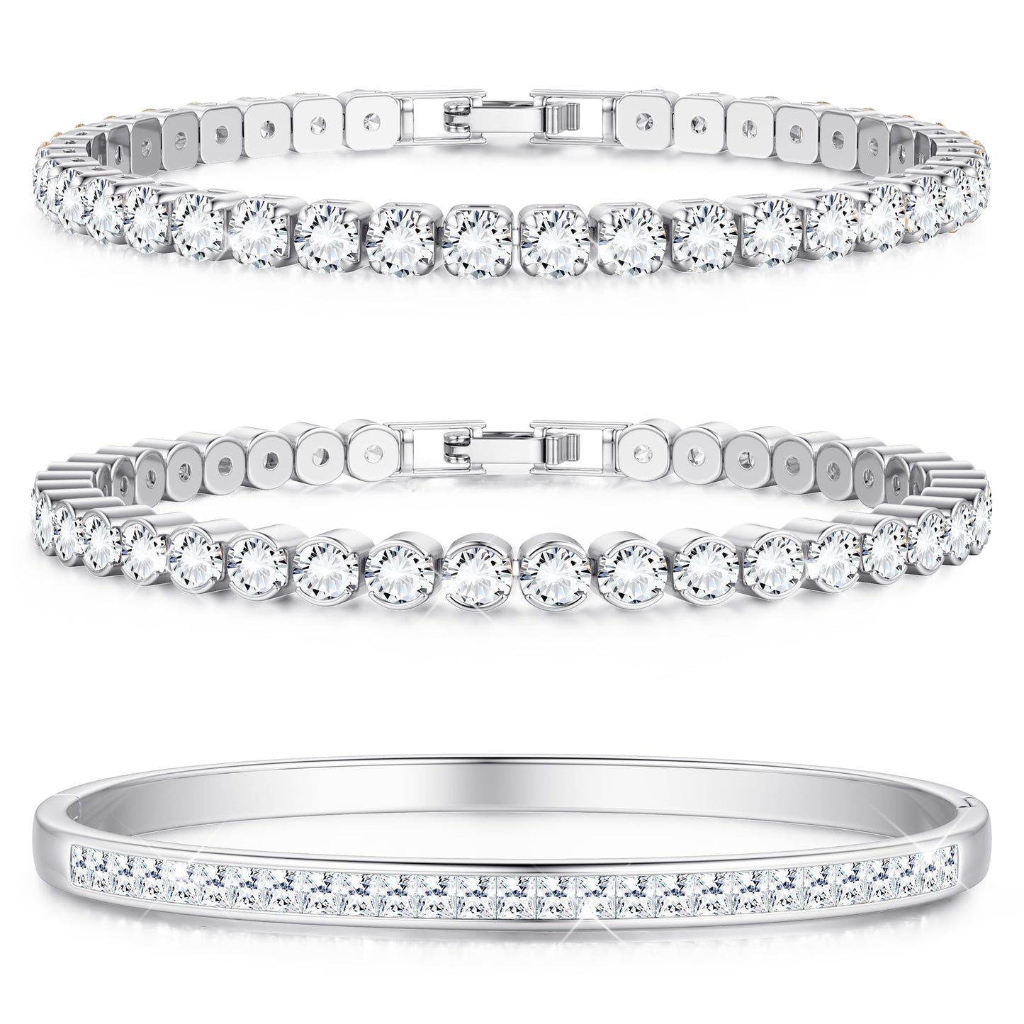 YADOCA Tennis Bracelets for Women Bangle Bracelet Set Silver Bracelets for Women Stackable Cubic Zirconia CZ Diamond Bracelets Stack Wedding Jewelry for Brides Dainty Gift Sizes 6.5-7.5 Inch 3Pcs