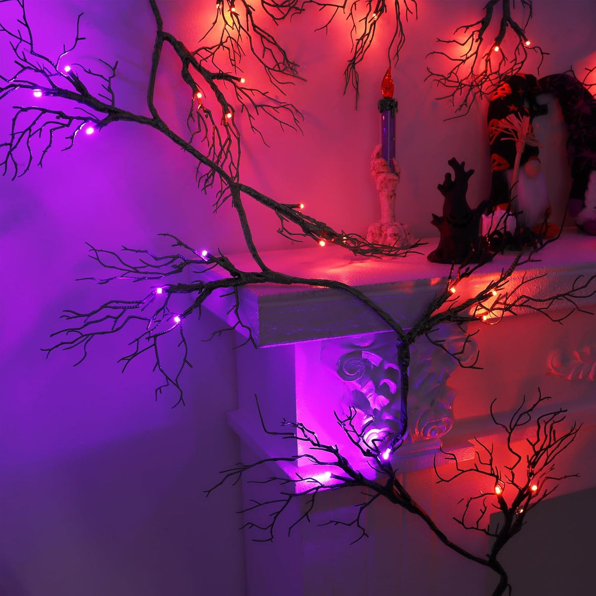 6 FT 45 LED Willow Vine Twig Decor Black Halloween Garland with Orange Purple Lights, Timer 8 Modes Waterproof Battery Operated Indoor Halloween Decorations for Wall Fireplace Mantle Home Office Decor
