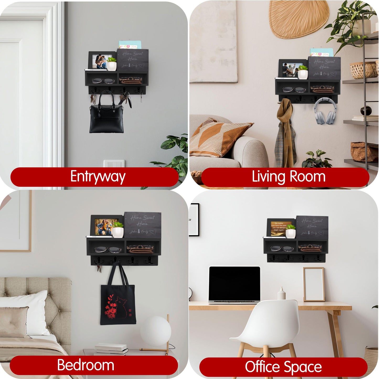 Spacelog Key and Mail Holder for Wall with Chalkboard – Magnetic Photo Frame Key Holder Wall Mount, Black, Dual Storage & Cupboards Mail and Key Organizer for Wall