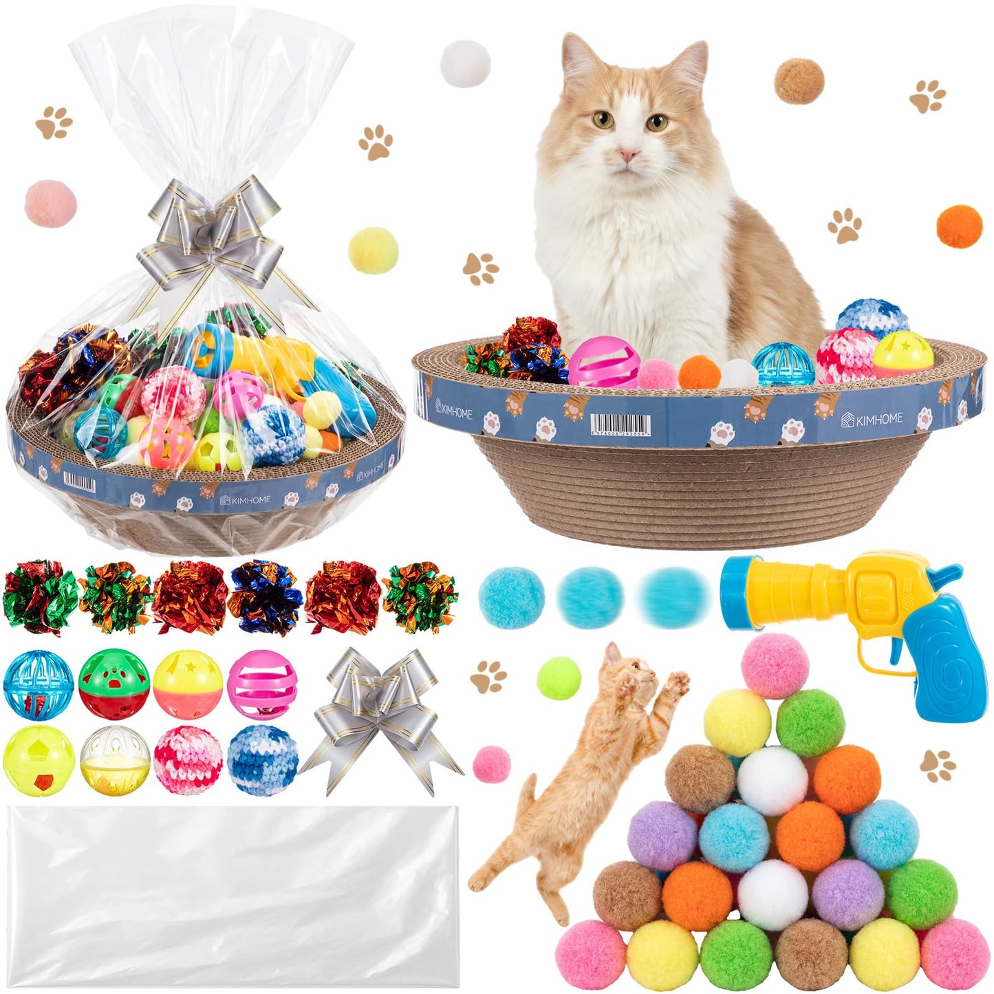 Zopeal 64 Pcs Easter Cat Toy Gift Set Magic Cat Scratcher Board Ball Launcher Gun Crinkle and Yarn and Plastic Bell Ball Kitten Toy with Bow for Pet Interactive Engaging Gift(Bowl Shape)