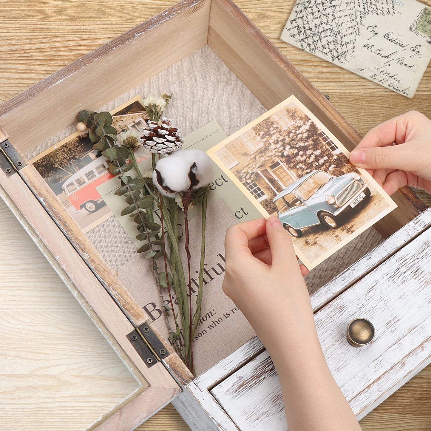 Butizone Shadow Box Frame, 3.2” Deep Shadow Box Display Case with Real Glass and Drawer, Rustic Wood Memory Boxes for Pictures, Flowers, Memorial, Medals, Wedding Bouquet for Wall or Tabletop, White