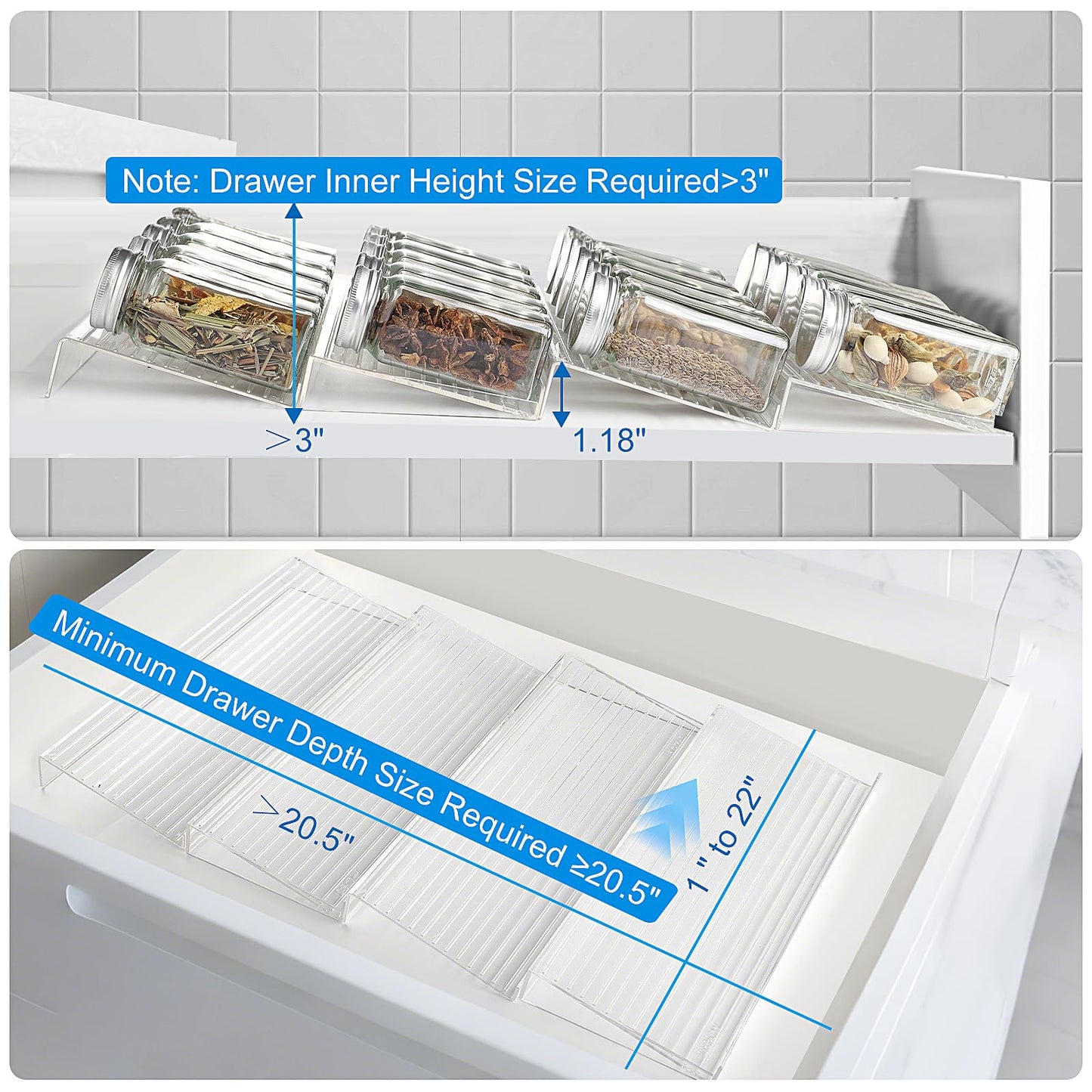 Derlyniupi Spice Drawer Organizer, 8 Pcs Clear Acrylic Drawer Seasoning Organizer, Expandable From 11'' to 22'' Kitchen Spice Rack for Drawer, Ideal for Kitchen Spice Organization (Jars not included)