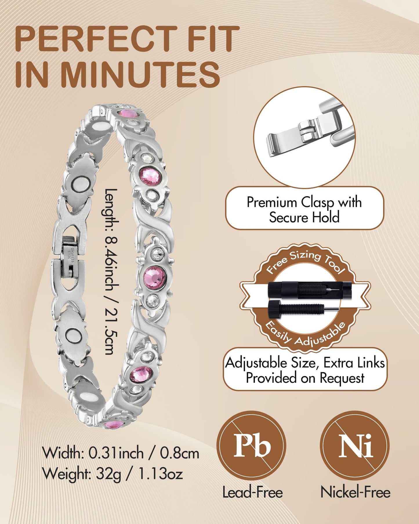 Feraco Pure Copper Bracelets for Women, 4 Elements Magnetic Bracelet with 3800 Gauss Neodymium Magnets & Dazzling Crystals, Adjustable Jewelry Gift (Silver)