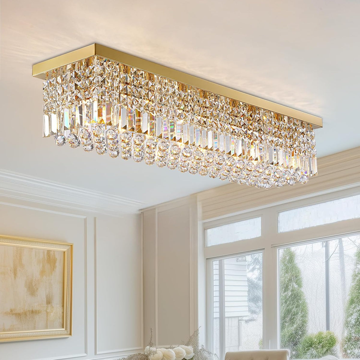 Rectangle Chandelier 8-Light Crystal Chandeliers, Modern Dining Room Light Fixture Luxury Gold Rectangular Flush Mount Chandelier Ceiling Light for Dining Room Living Room Kitchen Island Bar L40 Inch