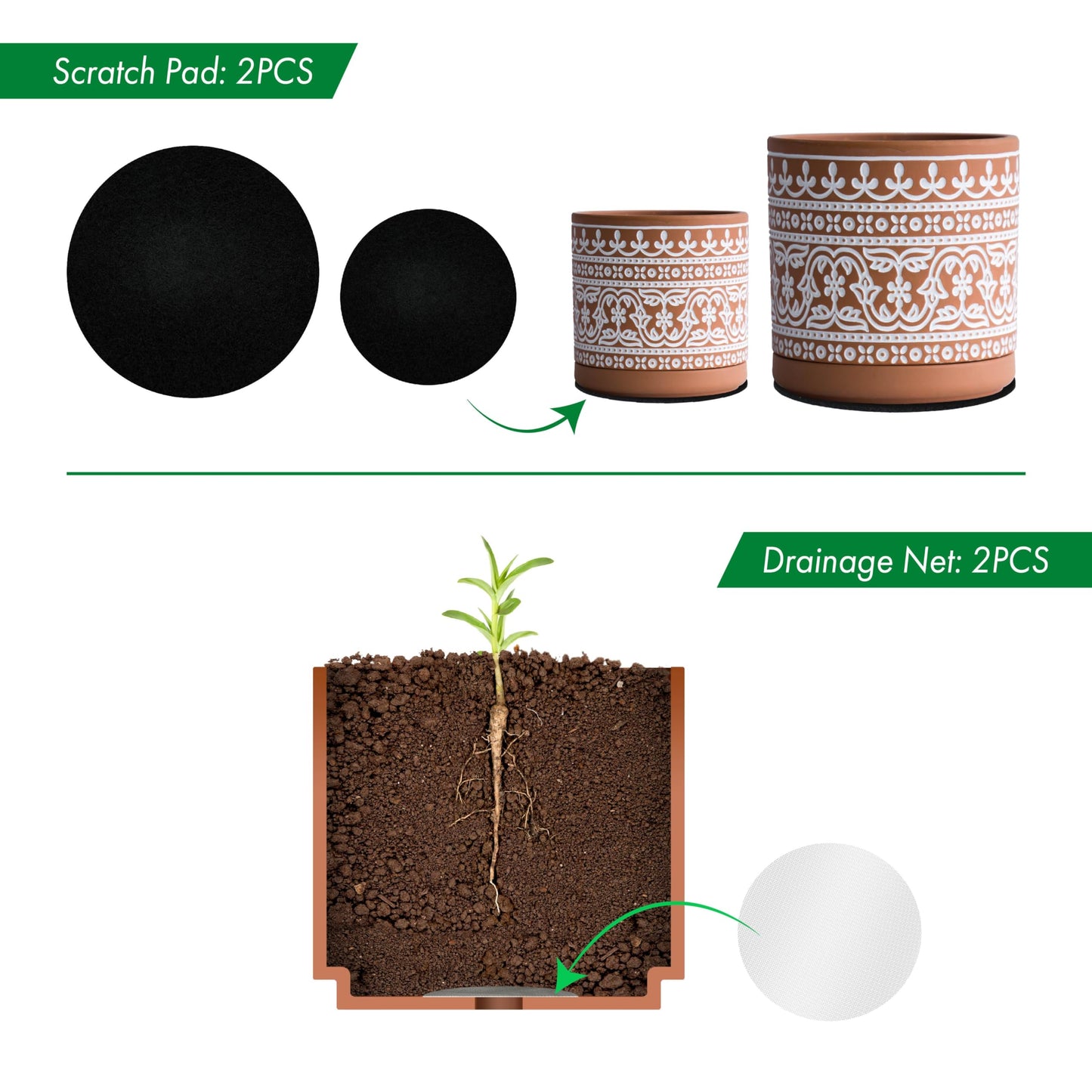 D'vine Dev Set of 2 Terracotta Pots, Wave Pattern Planter Pot, 4 Inch and 6 Inch, Pot with Drainage Hole and Saucer, Terracotta/White, 31-958-F-1