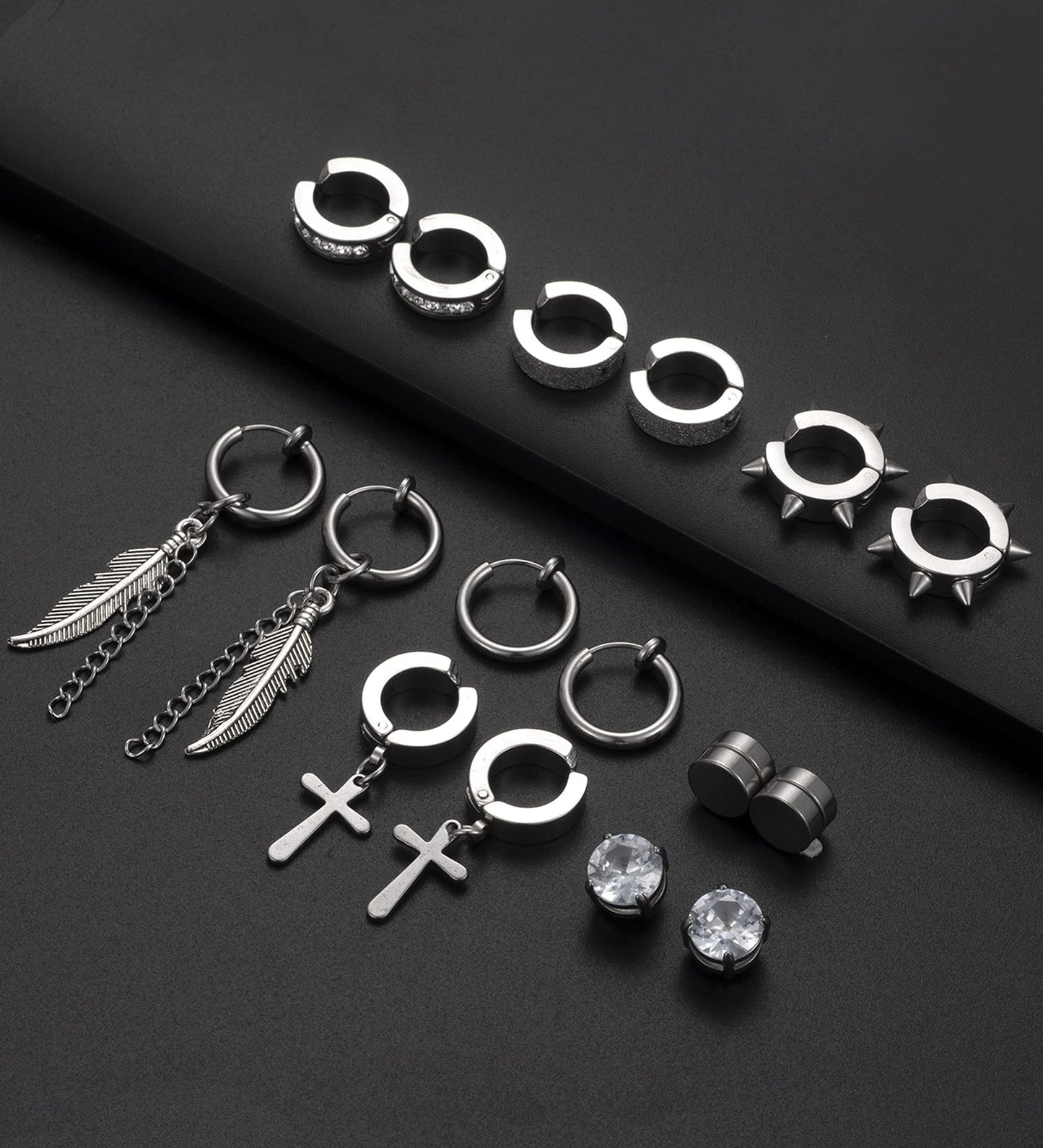 Ofeiyaa 12 Pairs Magnetic Stud Earrings Stainless Steel Non Pierced Earrings Punk CZ Hoop Dangle Hinged Feather Clip on Magnet Earring Set for Men Women Black Silver Tone