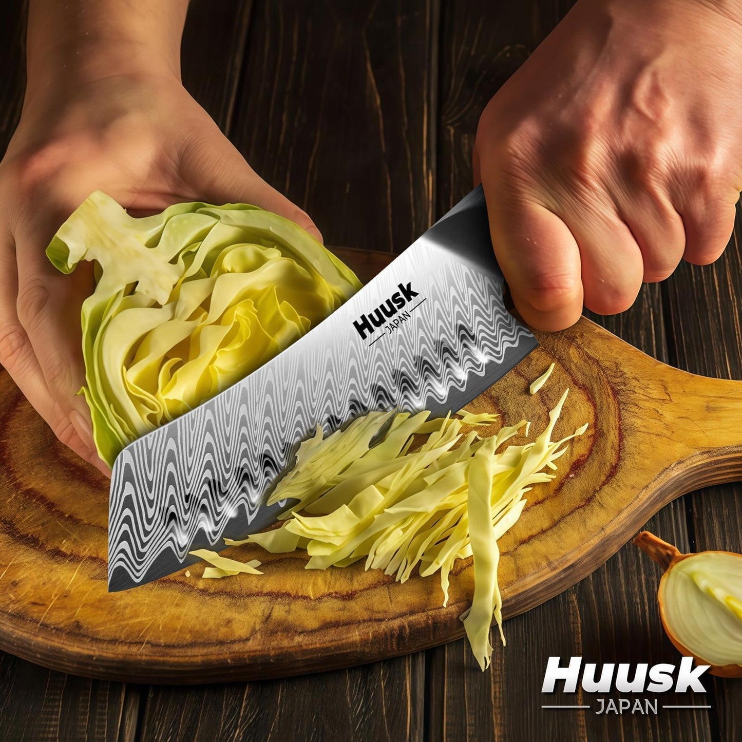 Huusk Japanese Knife Set 3 PCS - Stainless Chef Knife Set with Sheath & Ergonomic Resin Handle, Hand Sharpened Full Tang Professional Kitchen Knives for All Purpose, Gifts Idea for Men Women