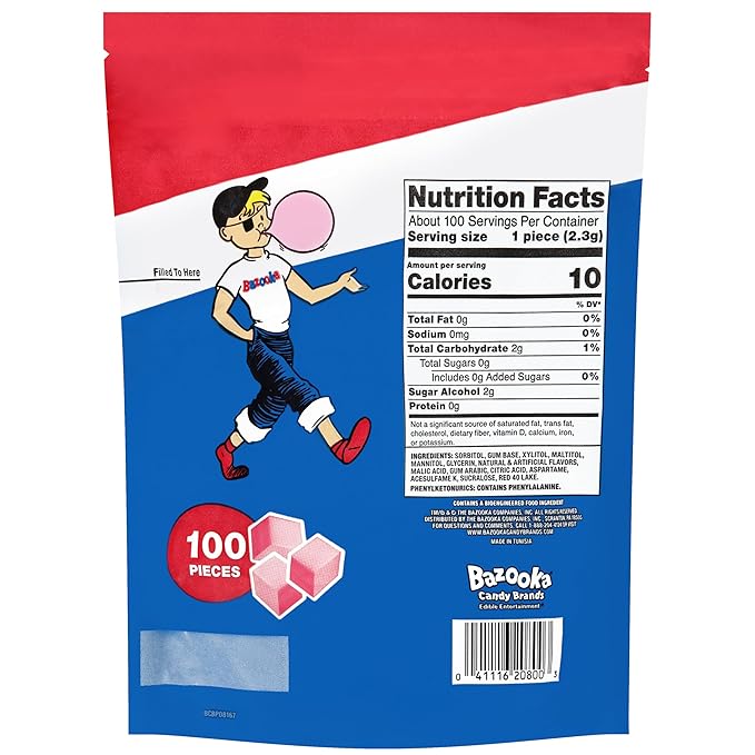 Bazooka Bubble Gum Sugar-Free Chewing Gum Cubes, Bulk in Resealable Bag, 100 Ct in Original Pink Flavor w/ Bazooka Joe Comics, Baseball Party Favors, Nostalgic 90s Candy