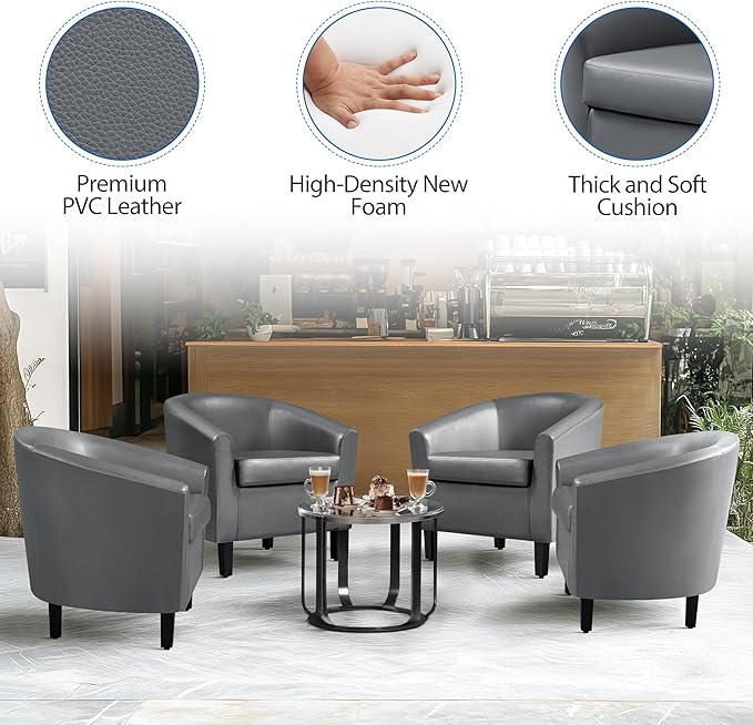 Yaheetech PU Leather Barrel Chair, Modern Accent Chair with Wood Sturdy Legs, Faux Leather Club Chair Comfy Armchair Modern Tub Chair for for Living Room Bedroom Waiting Room, Gray