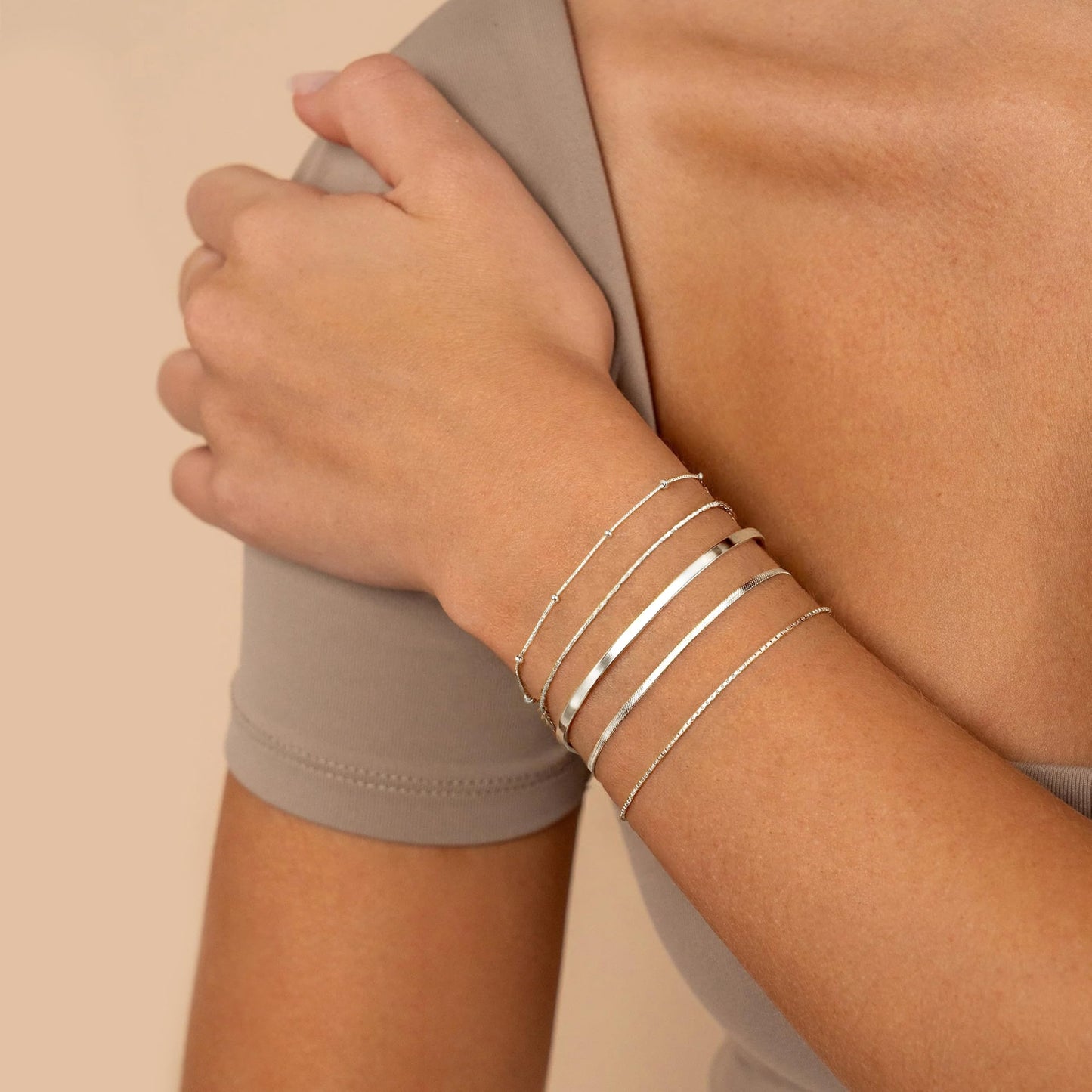 Dainty Silver Bracelets for Women, Silver Plated Stackable Thin Bracelet Set Box Link, Paperclip, Herringbone, Sparkling Chain, Bangle Cuff, Adjustable Minimalist Waterproof Jewelry Gifts for Women