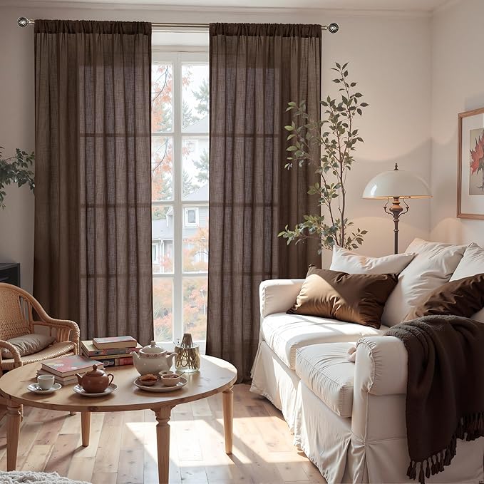 BGment Long Linen Curtains 102 Inch Length for Living Room, Brown Semi Sheer Window Drapes for Bedroom Farmhosue Decor with Rod Pocket Leightweight Rustic Textured, 2 Panels Set, Each 52 Inch Wide