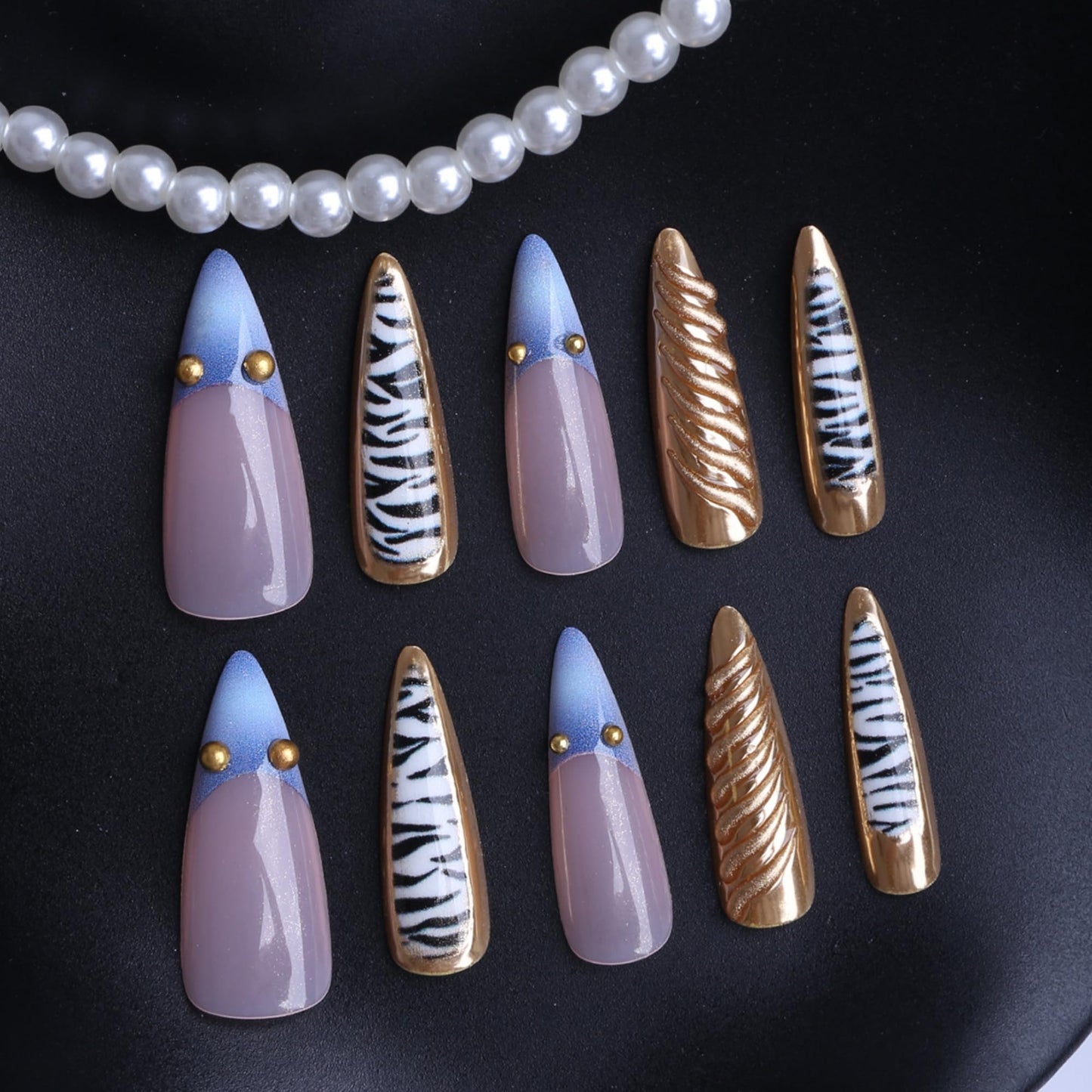 Long Press on Nails Almond Fake Nails Blue French Artificial Nail Gold Charm Designs Leopard Stick on Nail for Women 24pcs