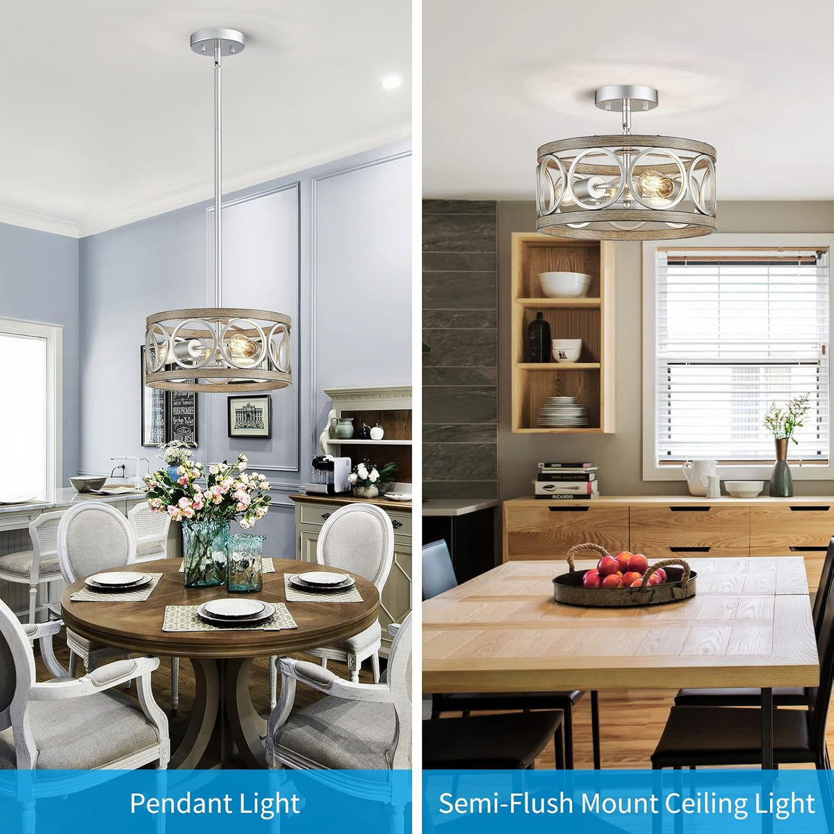 XINGQI Modern Ceiling Light Adjustable Height Pendant Lighting Fixture Brushed Nickel Wood Grain Metal 13" Rustic Round Lights for Dining Room Kitchen Bedroom Foyer Hallway