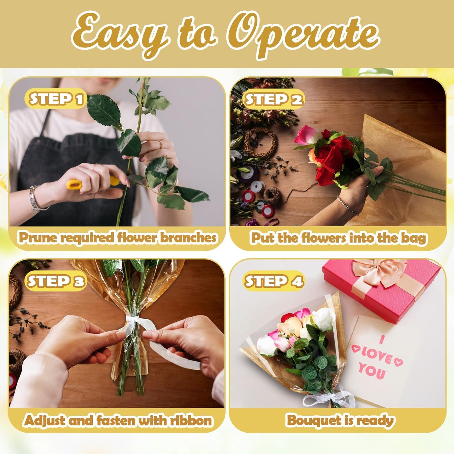 Srmayyi 100 PCS Flower Bags for Bouquets, Kraft Flower Wrapping Bags, Floral Wrapping Paper, 15.8" x 13.8" x 3.9" for Multiple Occasions