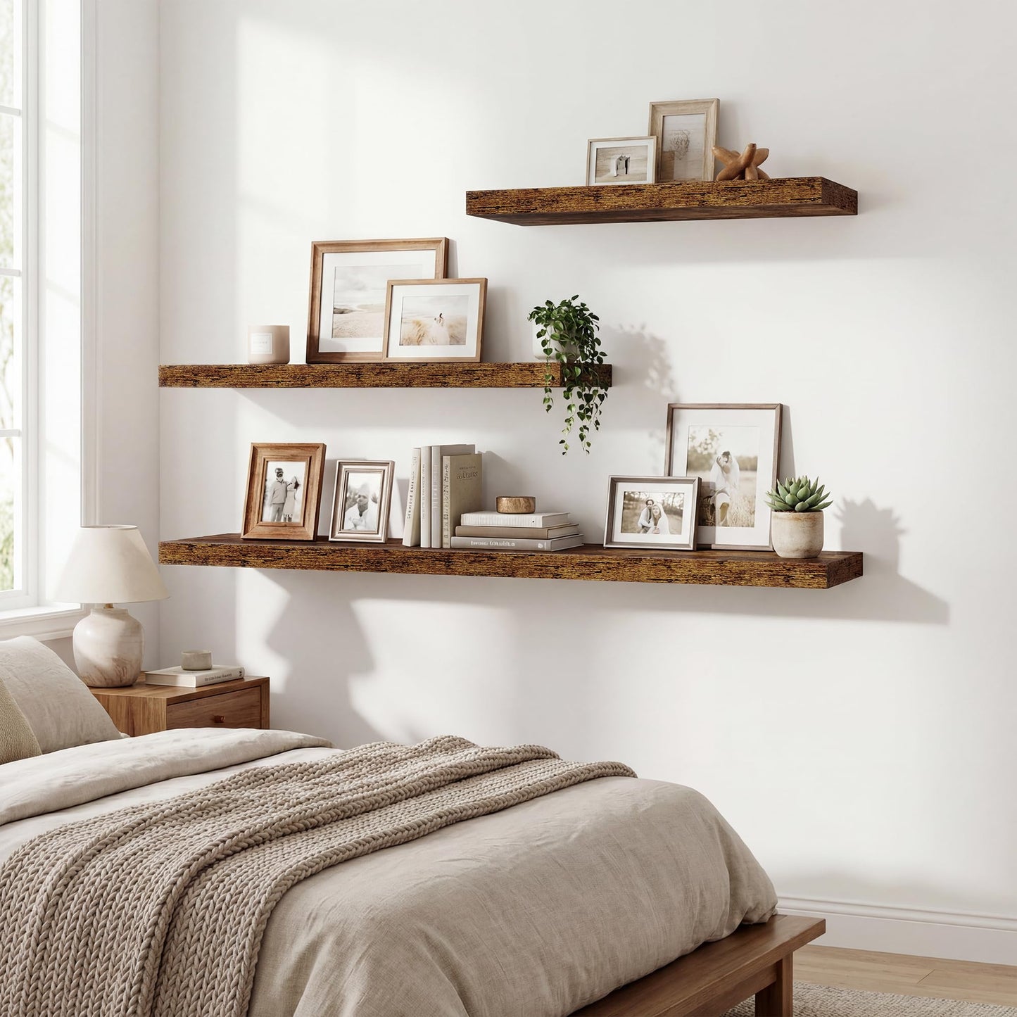 24 Inch Floating Shelves for Wall Decor,9.3" Deep Floating Shelf Wall Book Shelves,Large Display Storage Shelf,Wall Mounted Shelves with Invisible Bracket for Living Room,Bedroom,Bathroom,Rustic Brown