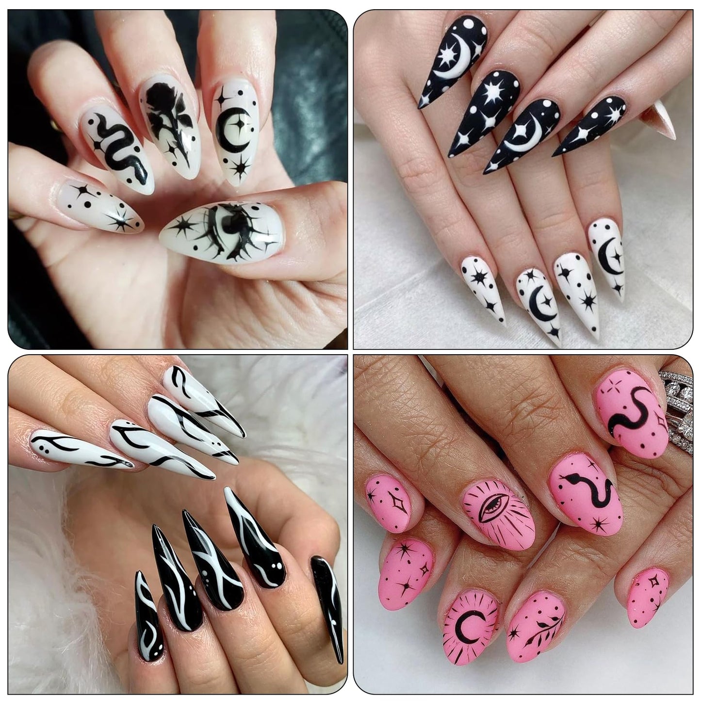 IDDFEVE Gothic Nail Art Stickers - Black & White Moon Star Snake Fire Self-Adhesive 3D Nail Decals for DIY Halloween Punk Manicure (6 Sheets)