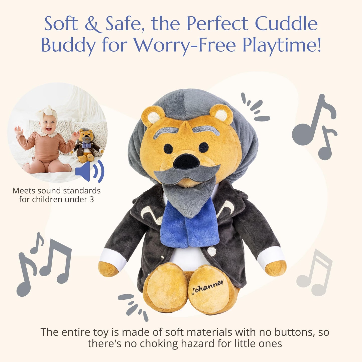 Brahms Virtuoso Bear – Dual-Mode Plush Toy with Music & Comfort Features, Plays 40 Mins of Classical Music & White Noise to Calm and Soothe Babies