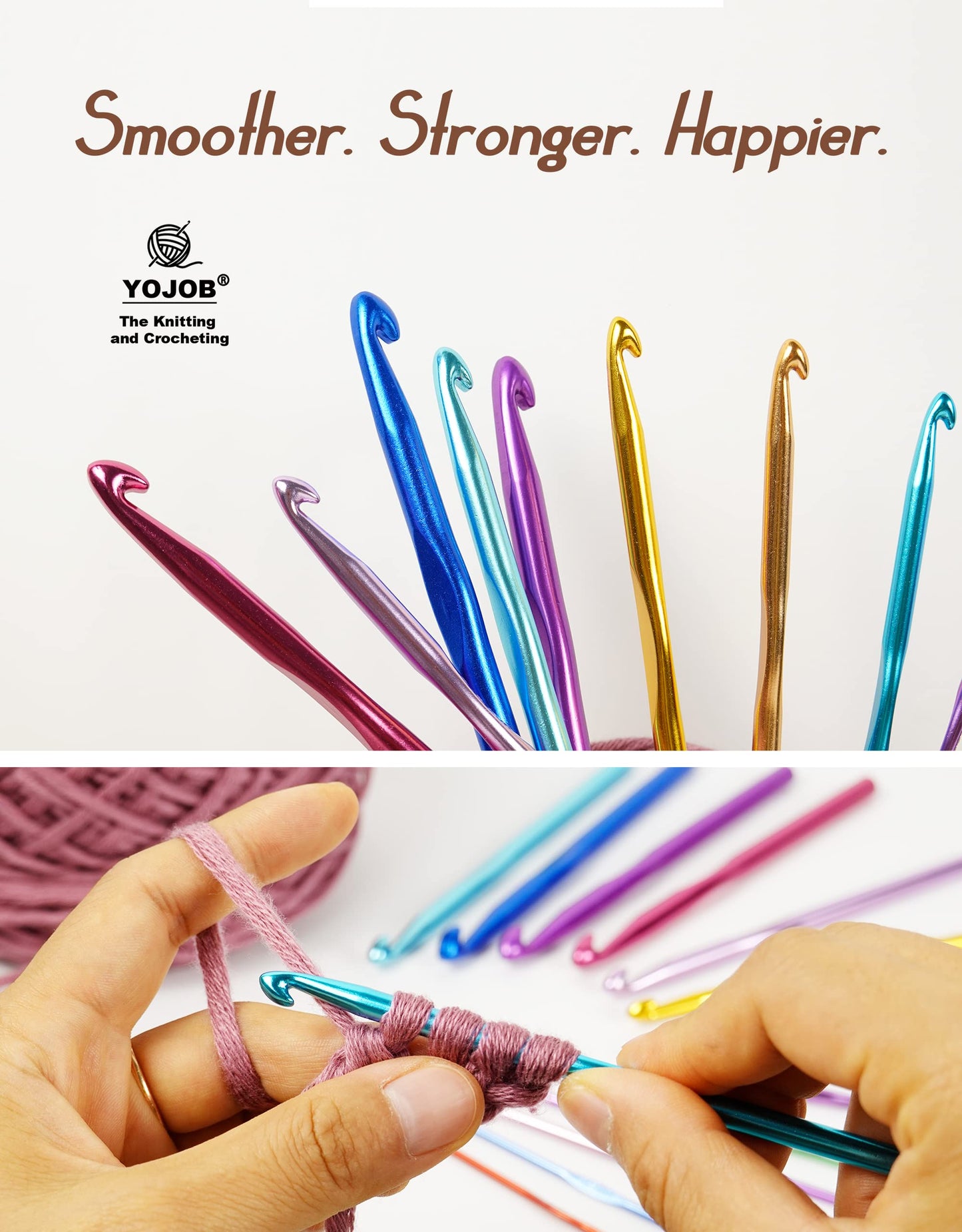 YOJOB Traditional 14 Sizes Crochet Hooks Kit, Super Smooth Crochet Needle for Beginners or Advanced (Coffee)