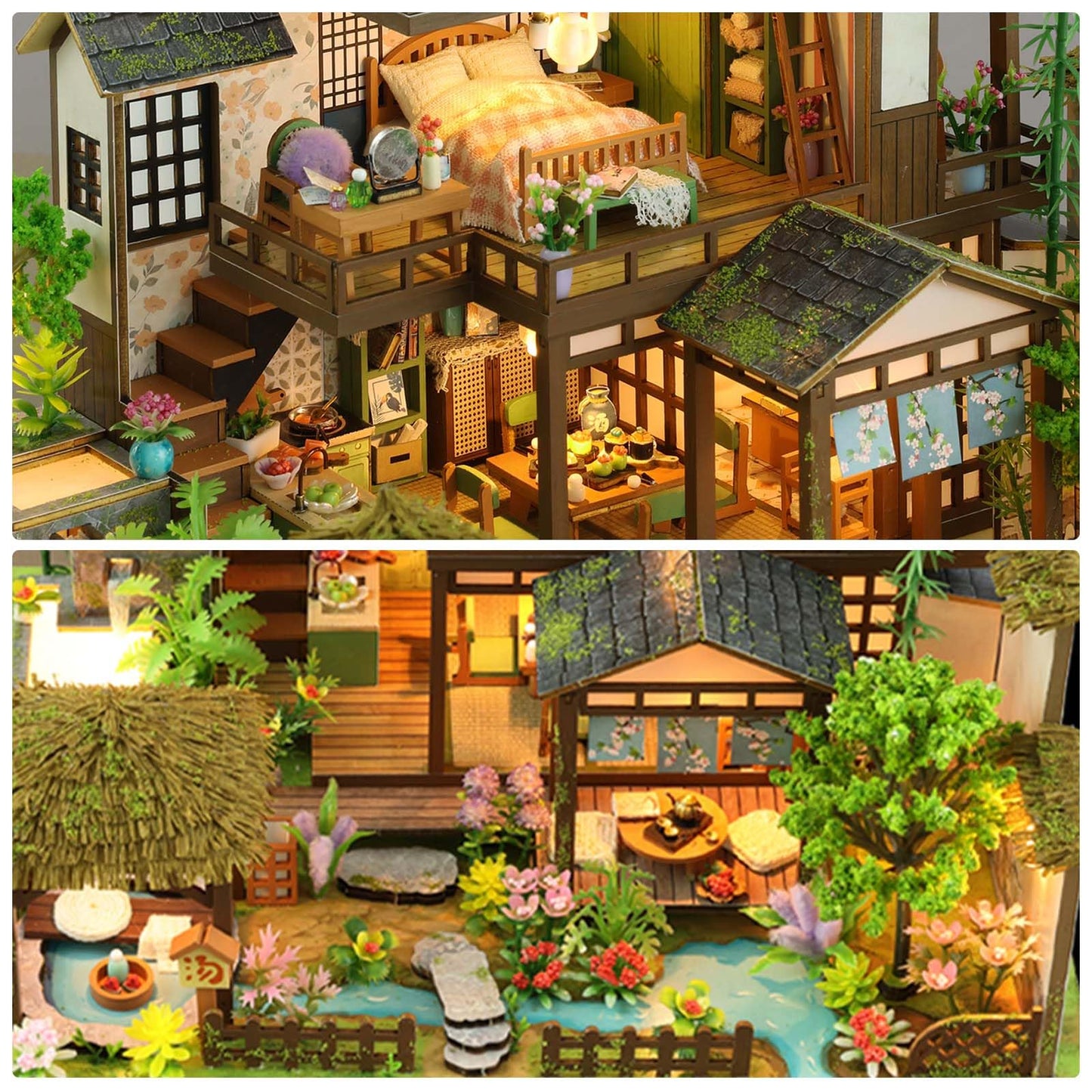 Foyucool Miniature House Kit, Tiny House Kit with Light, DIY Mini House Building Kits for Adults to Building, Unique Gift for Birthday Mother's Day, Bamboo Spring Courtyard
